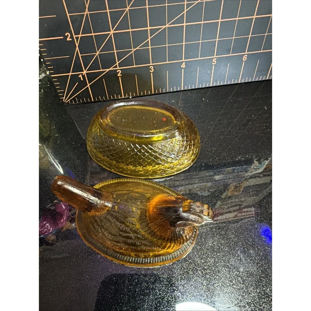 intage Amber Glass Mini Hen on Nest Covered Dish 3 Inch Chicken Trinket